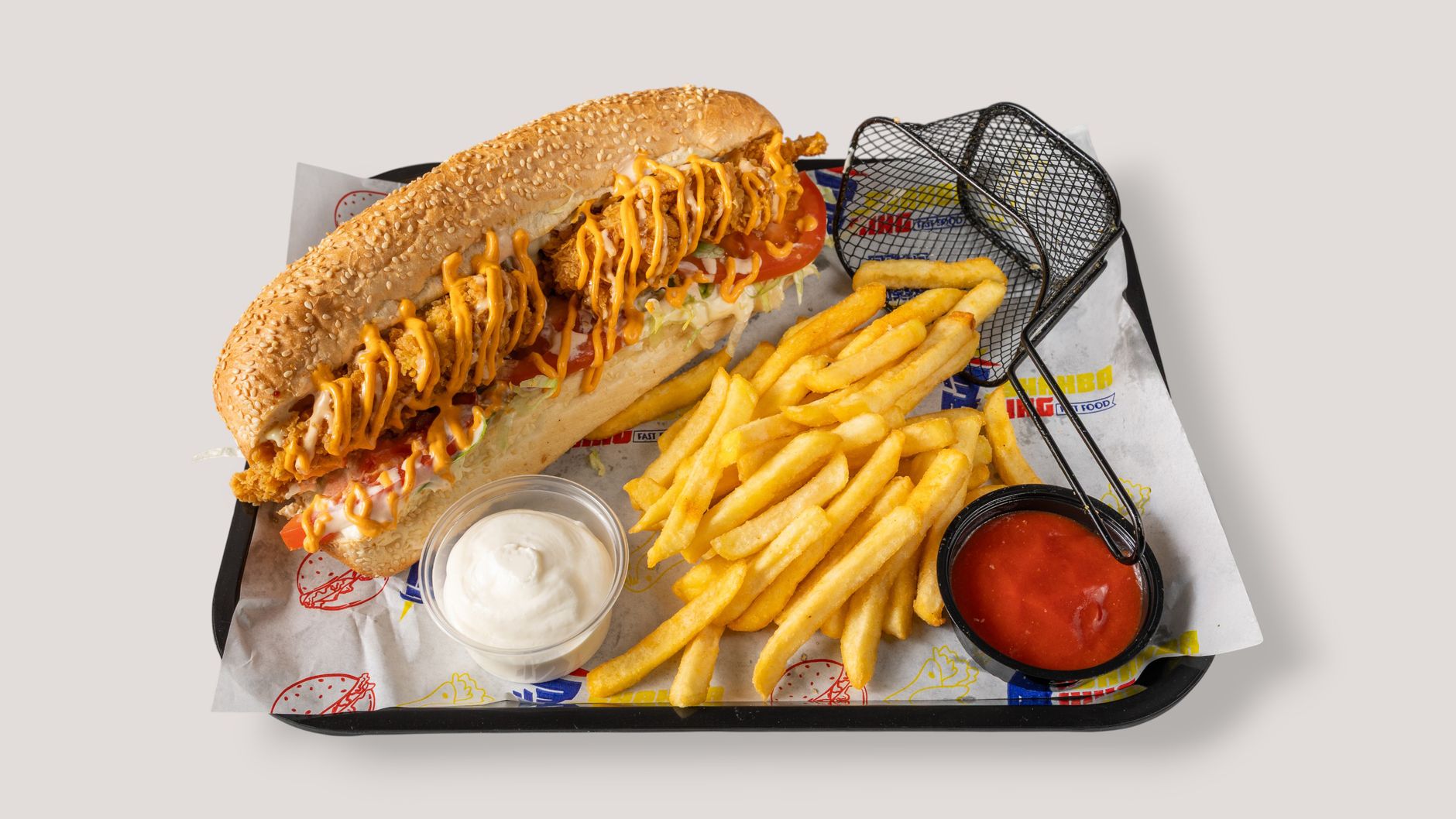 Po'boy sandwich on French bread served with fries